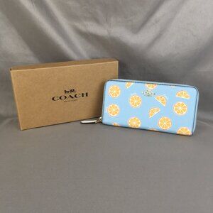 NEW COACH Accordion Zip Wallet With Orange Print IN BLUE